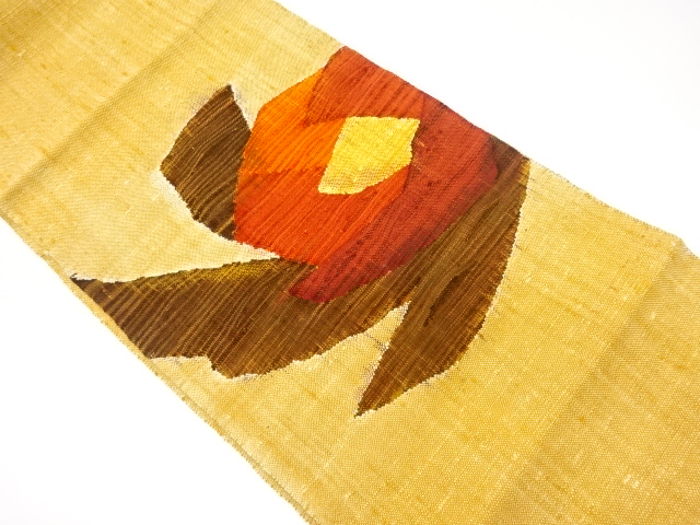 リサイクル　手織り真綿紬抽象椿模様織出し名古屋帯